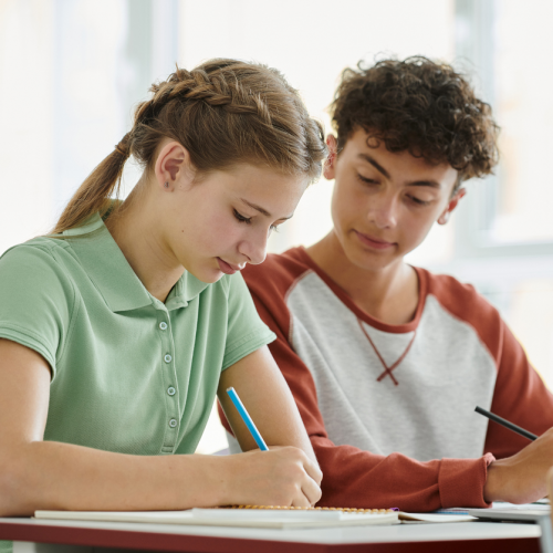 A boy and a girl working collaboratively.