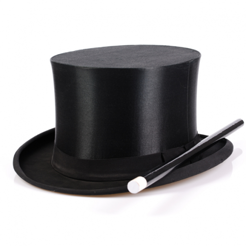 A magician's black top hat and wand.