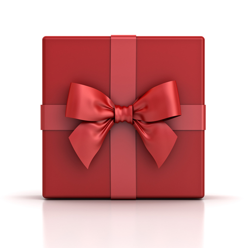 The square top of a red gift box with a bow.
