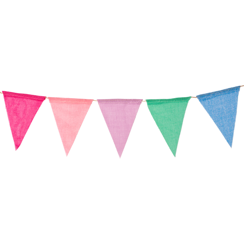 Bunting with five different coloured triangles.
