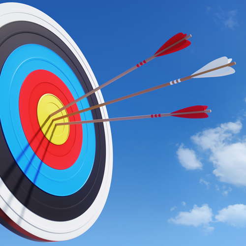 An arrow target with three arrows sticking out of the centre section.