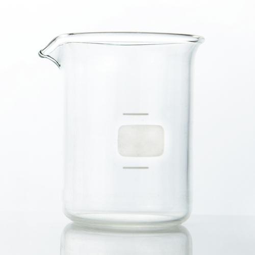 A glass beaker, cylindrical except for a small pouring spout and a slightly wide rim.