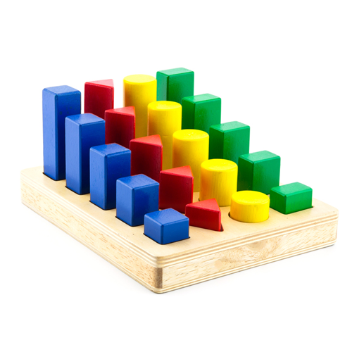 Blocks of different colours and shapes, increasing in size by the same amount each time.