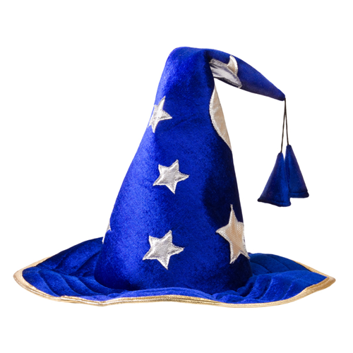 A blue witch's hat decorated with silver stars and moons.