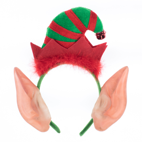 A Christmas elf headband with fake ears and a green and red hat.
