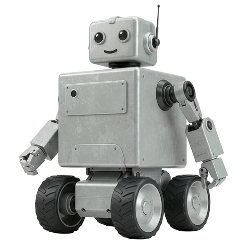 A smiling metal robot with four wheels.