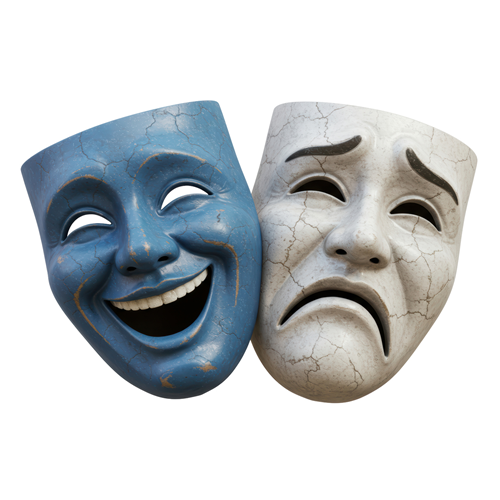 Theatre masks showing 'comedy' and 'tragedy'.