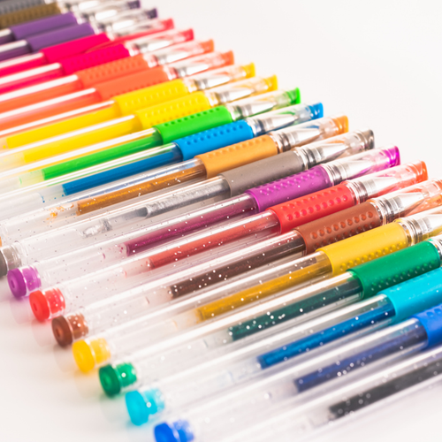 A row of coloured gel pens.