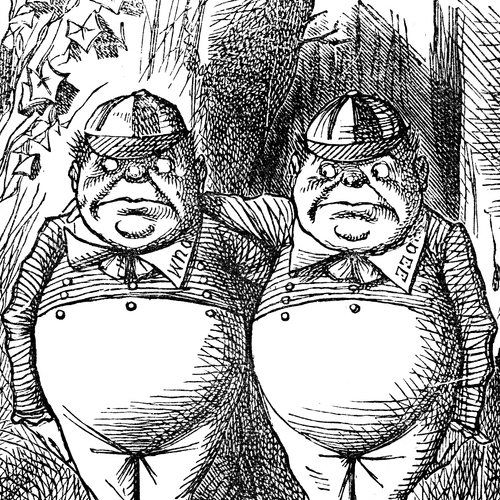 An illustration of Tweedle Dum and Tweedle Dee from Alice Through The Looking Glass.