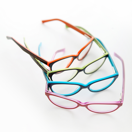 Pairs of glasses of four different colours.