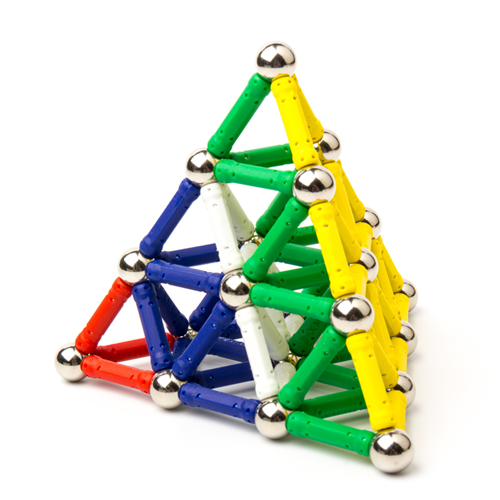 A tetrahedron made of magnetic balls and coloured rods.