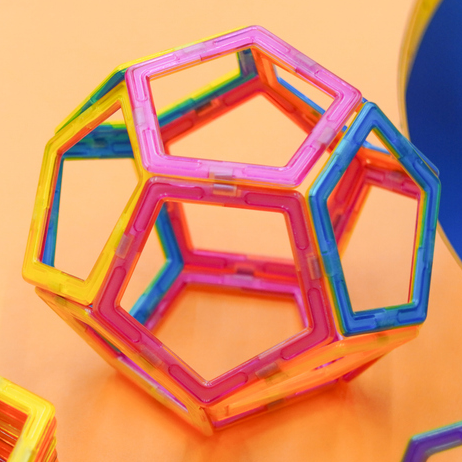A dodecahedron made of colourful plastic pentagons.