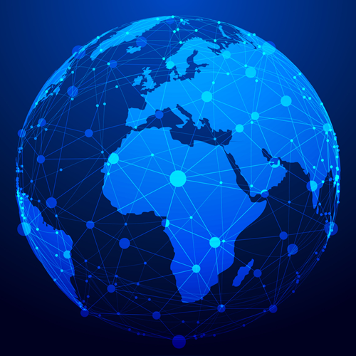 A blue globe with lines connecting different places.