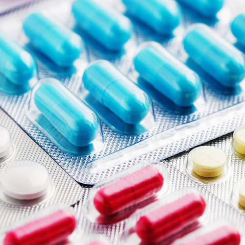 Medical pills in plastic blister packs.