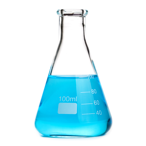 A beaker containing a blue liquid.