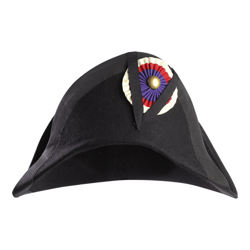 A picture of Napoleon's hat, which is a black curved hat with a red, white and blue badge.