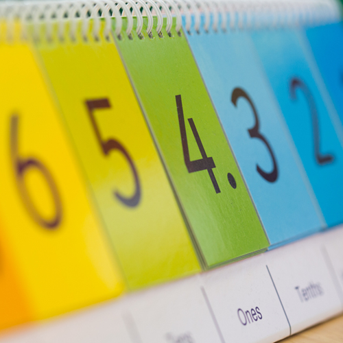 A place value flip chart showing the number 654.32.