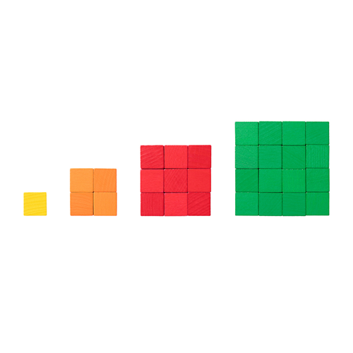 The first four square numbers made of colourful wooden blocks.