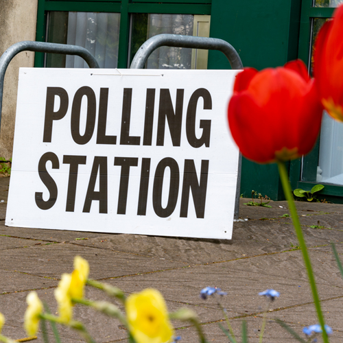 A polling station sign with flowers in the foreground.