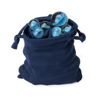 Fabric bag open at the top, showing a number of blue marbles.
