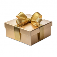 A gold gift box with a ribbon.