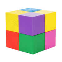 Coloured wooden blocks arranged to make a two-by-two cube.
