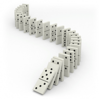 A row of dominoes falling over.
