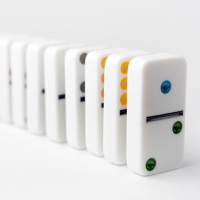 A line of eight dominoes standing on their ends.