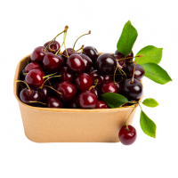 A cardboard carton of cherries.