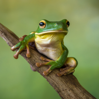 A green frog sitting on a branch.