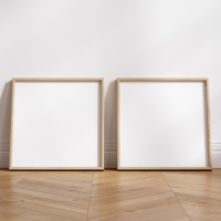 Two blank square picture frames on a wooden floor.