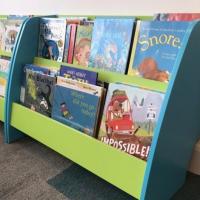 The front covers of some books in a library children's bookcase.