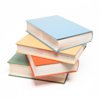 Four books in a pile. The covers are different colours.