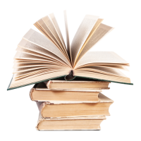 A stack of books with an open book fanned out on the top.