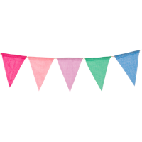 Bunting with five different coloured triangles.