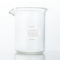 A glass beaker, cylindrical except for a small pouring spout and a slightly wide rim.