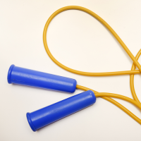 A yellow skipping rope with blue handles.