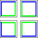 On the Edge The tiles above arranged into a 2 by 2 square so the outer edges are blue, inner lines are green where the edges connect.